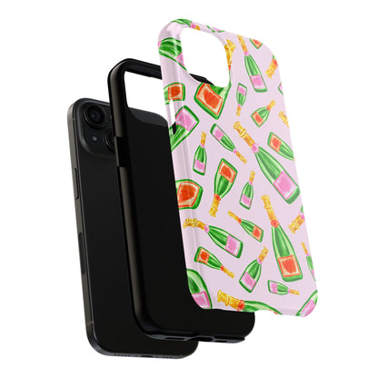 Tossed Pink and Green & Orange and Green Watercolor Illustrated Champagne Bottles Pattern Blush Pink Tough Phone Case | Various Models