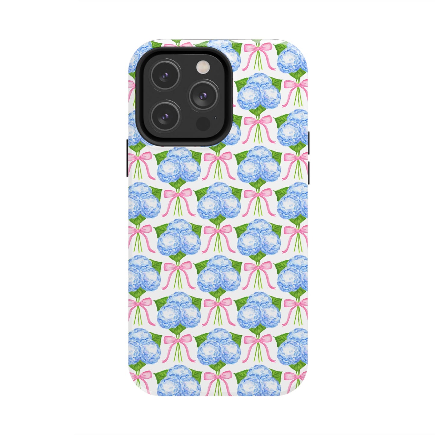 Blue Watercolor Hydrangea Bouqets with Light Pink Bows Watercolor Illustrated Patterned Tough Phone Case | Various Models