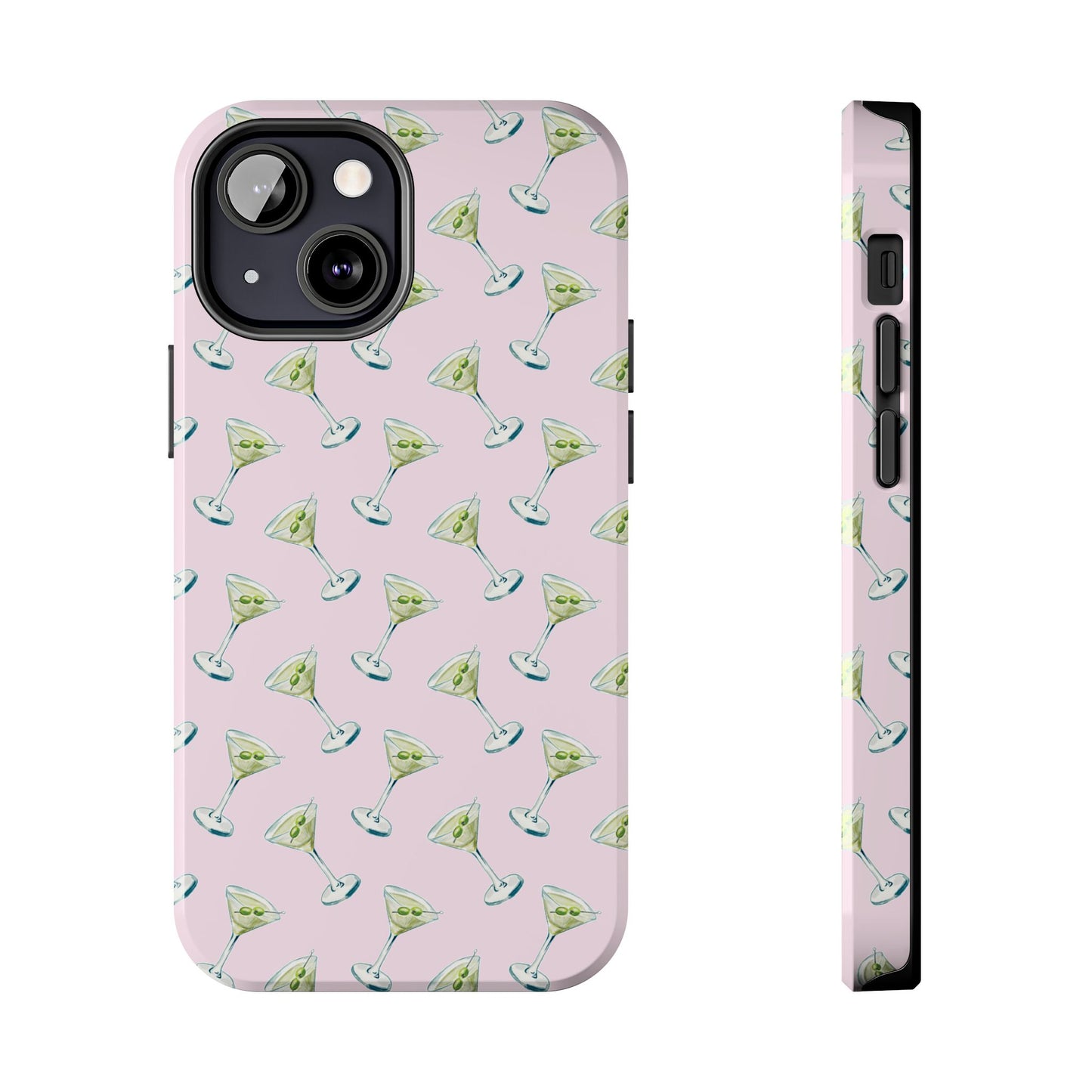 Light Pink Mini Martini Watercolor Illustrated Tossed Pattern Tough Phone Case | Various Models Available iPhone 13 Mini