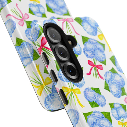 Blue Watercolor Hydrangea Bunches with Hot Pink, Yellow, Light Pink Bows Illustrated Patterned Tough Phone Case | Various Models