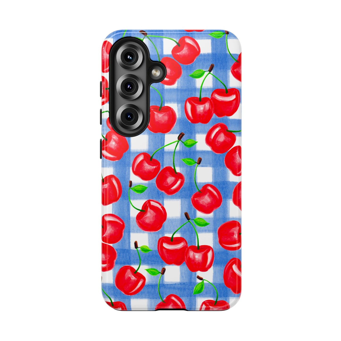 Tossed Red Cherries Blue Gingham Checkered Watercolor Illustrated Tough Phone Case | Various Models