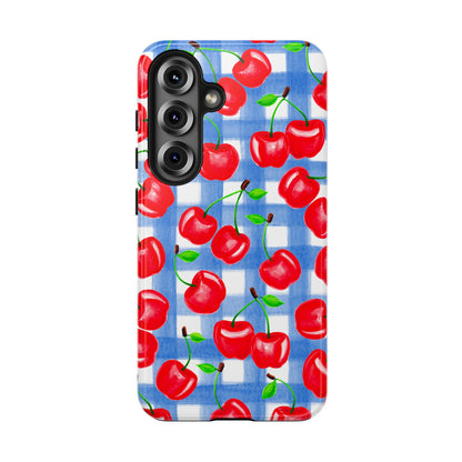 Tossed Red Cherries Blue Gingham Checkered Watercolor Illustrated Tough Phone Case | Various Models