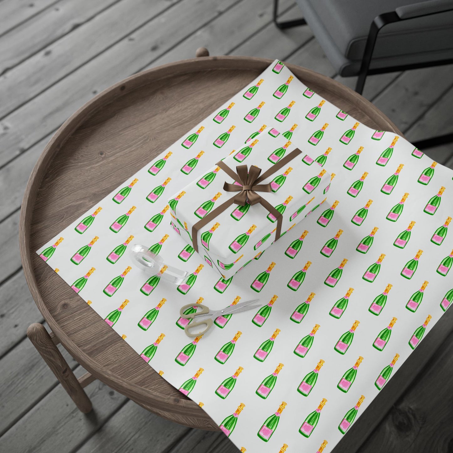 Gift Wrap | White Watercolor Pink & Green Champagne Bottles Pattern | Matte or Glossy