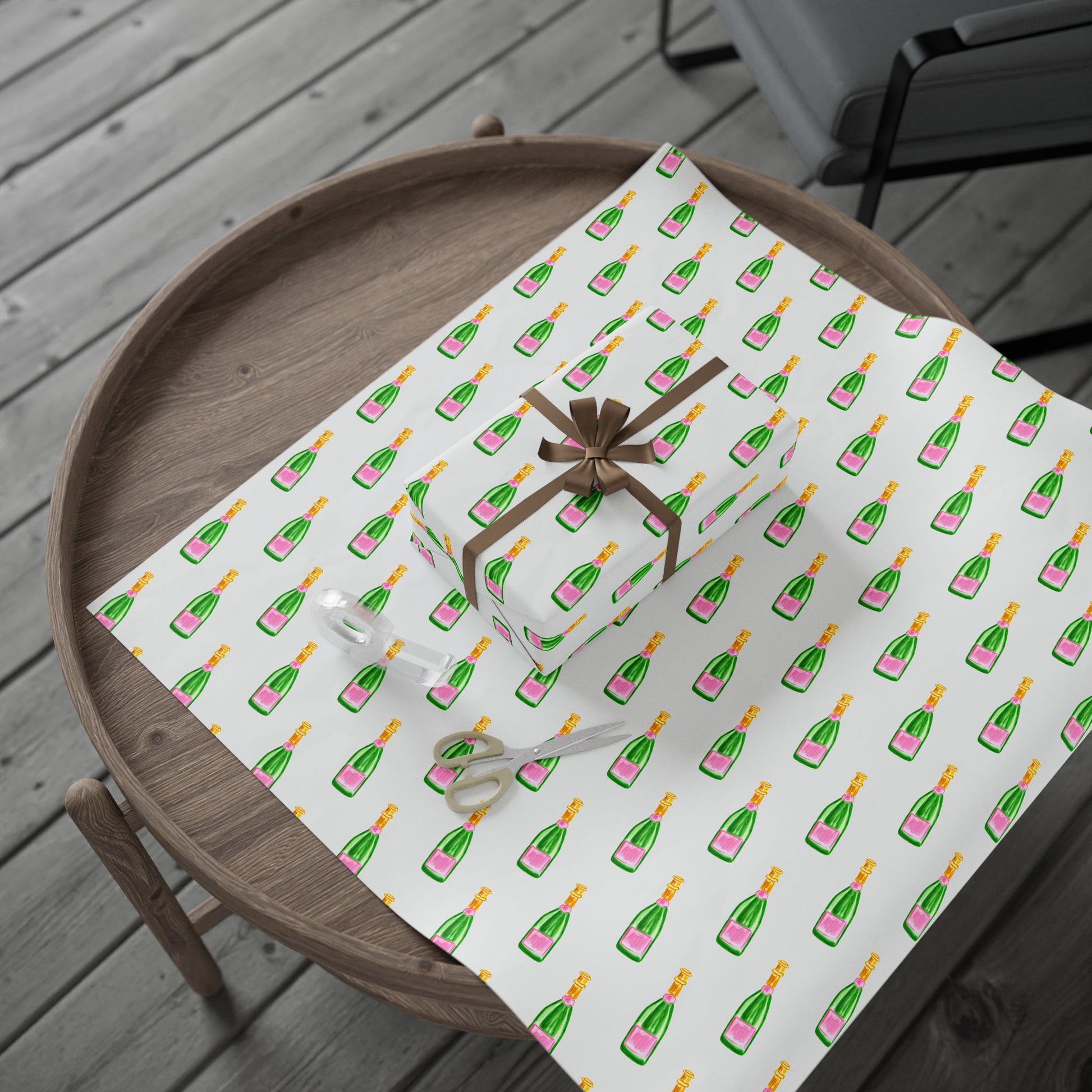 Gift Wrap | White Watercolor Pink & Green Champagne Bottles Pattern | Matte or Glossy