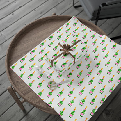 Gift Wrap | White Watercolor Pink & Green Champagne Bottles Pattern | Matte or Glossy