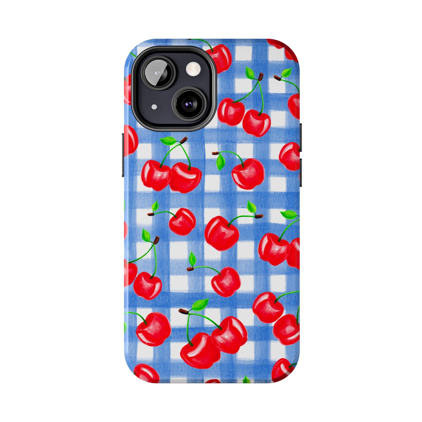 Tossed Red Watercolor Illustrated Cherries Light Blue Gingham Tough Phone Case | Various Models