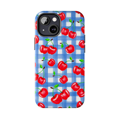 Tossed Red Watercolor Illustrated Cherries Light Blue Gingham Tough Phone Case | Various Models