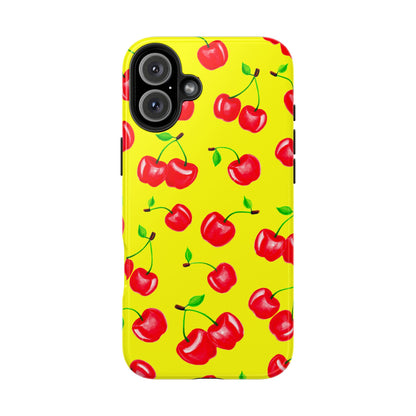 Tossed Red Watercolor Cherries Illustrated Pattern Bright Yellow Tough Phone Case | Various Models