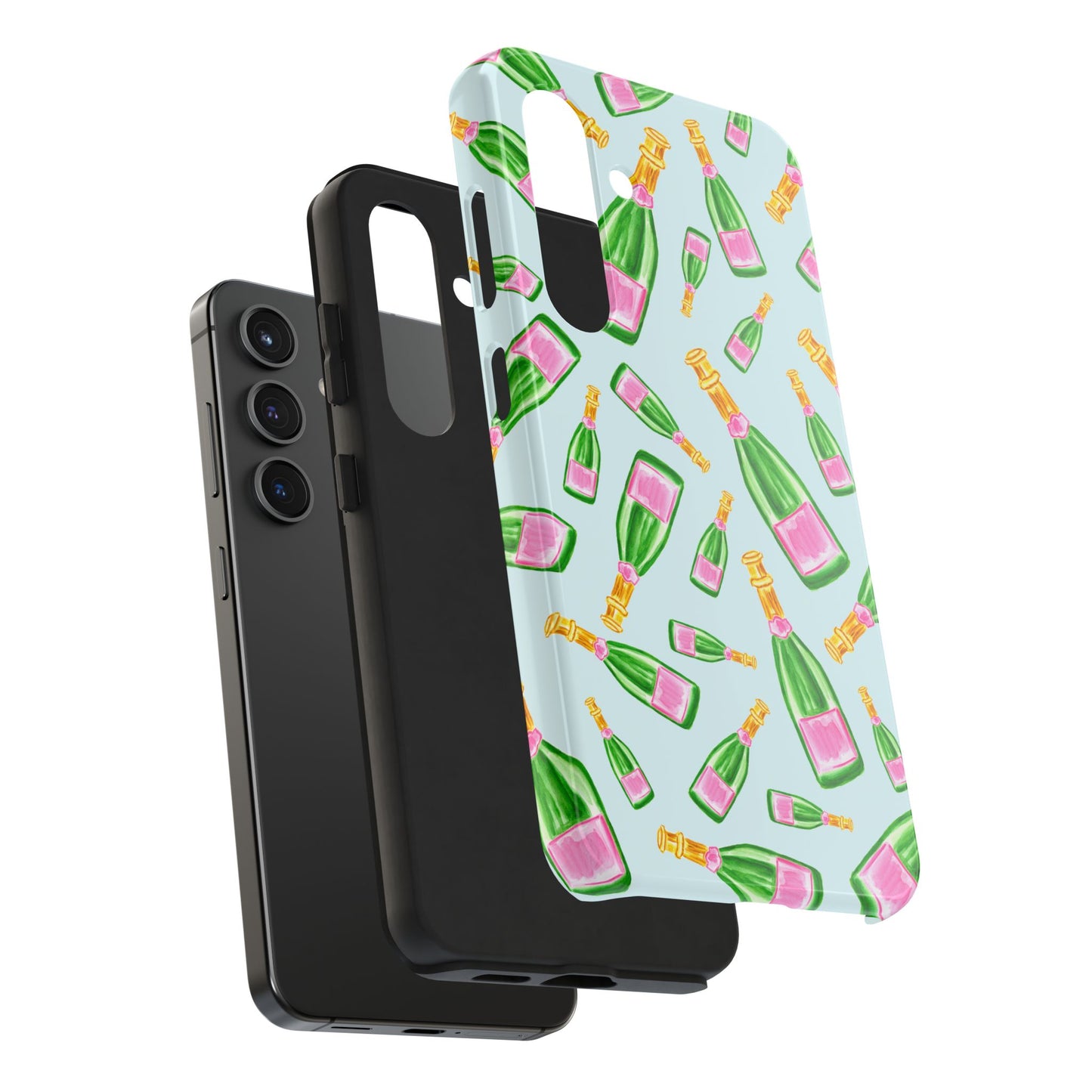 Tossed Pink and Green Watercolor Illustrated Champagne Bottles Pattern Light Blue Tough Phone Case | Various Models