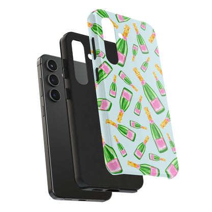Tossed Pink and Green Watercolor Illustrated Champagne Bottles Pattern Light Blue Tough Phone Case | Various Models