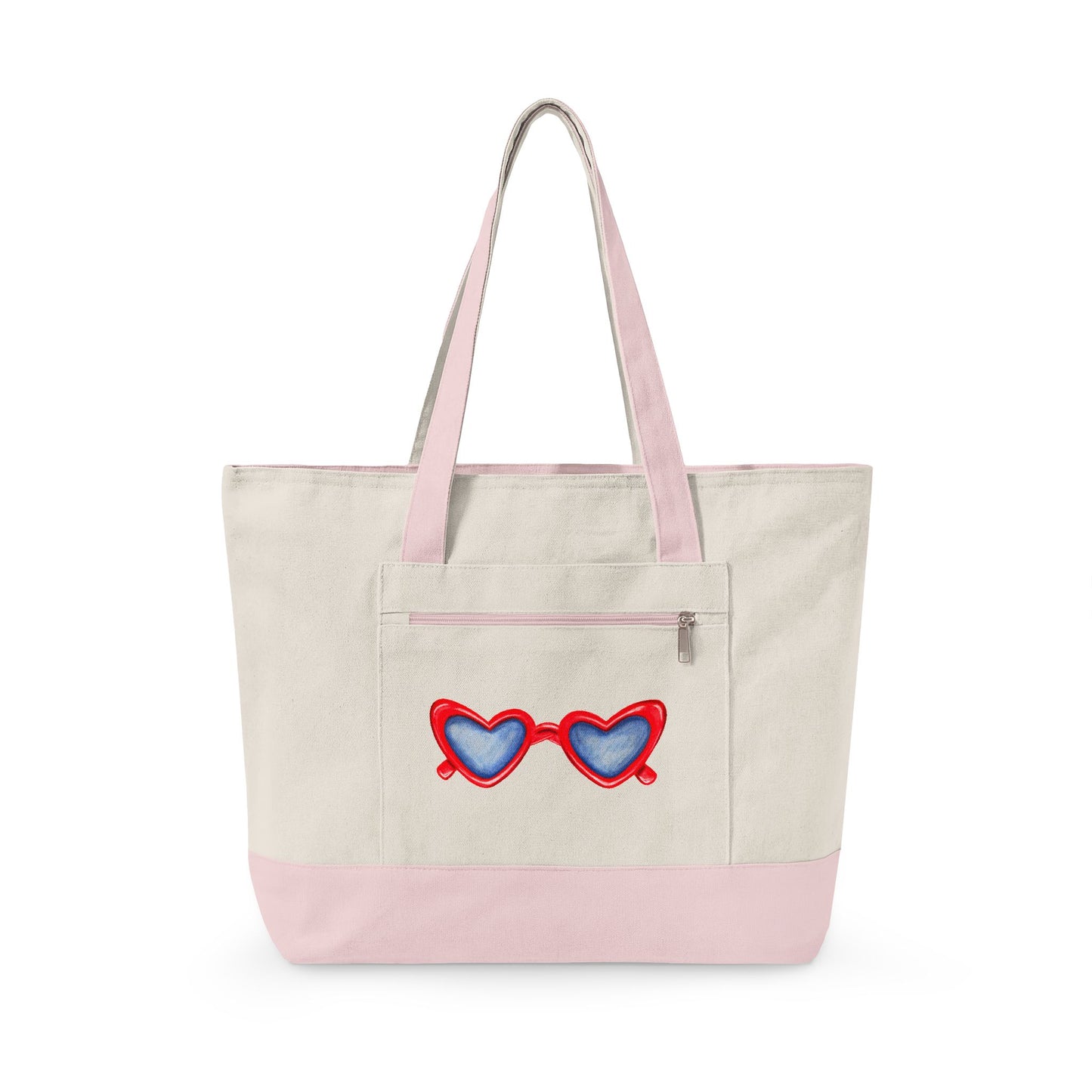 Red Heart Shaped Sunglasses Printed Zippered Canvas Tote 18" x 14" | Various Colors 18" x 14" x 4.5" Natural Light Pink