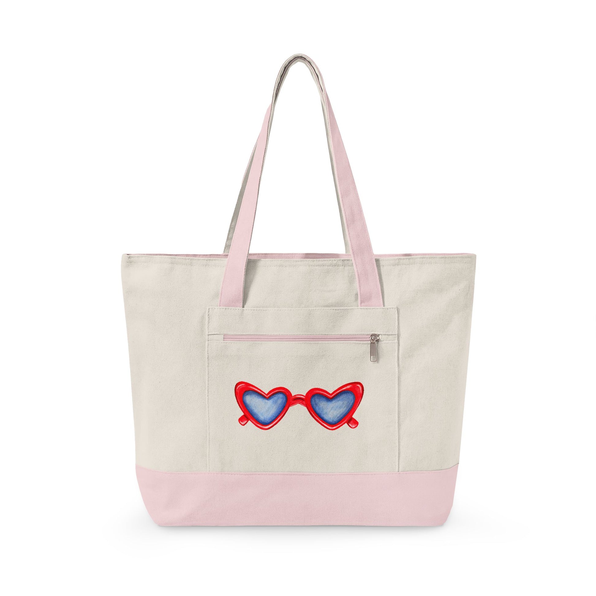 Red Heart Shaped Sunglasses Printed Zippered Canvas Tote 18" x 14" | Various Colors 18" x 14" x 4.5" Natural Light Pink