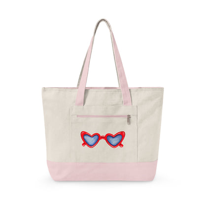 Red Heart Shaped Sunglasses Printed Zippered Canvas Tote 18" x 14" | Various Colors 18" x 14" x 4.5" Natural Light Pink