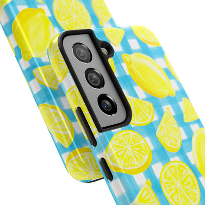 Bright Yellow Lemons Watercolor Illustrated Tossed Pattern Turquoise Gingham Tough Phone Case | Various Models