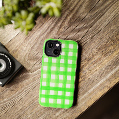 Lime Green Gingham Watercolor Illustrated Tough Phone Case | Various Models Available