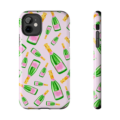 Tossed Pink and Green Watercolor Illustrated Champagne Bottles Pattern Blush Pink Tough Phone Case | Various Models