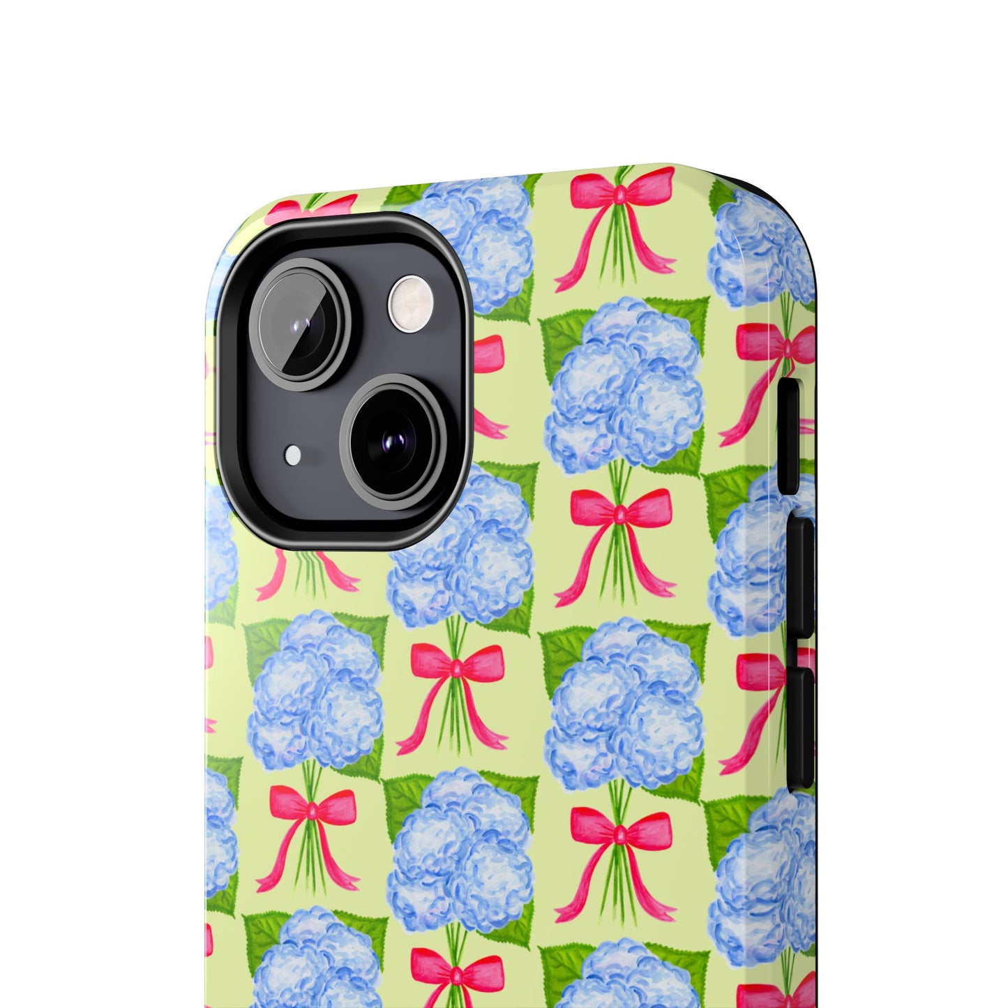 Blue Watercolor Hydrangea Bouquets with Hot Pink Bows Illustrated Patterned Yellow Preppy Grand Millenial Tough Phone Case | Various Models
