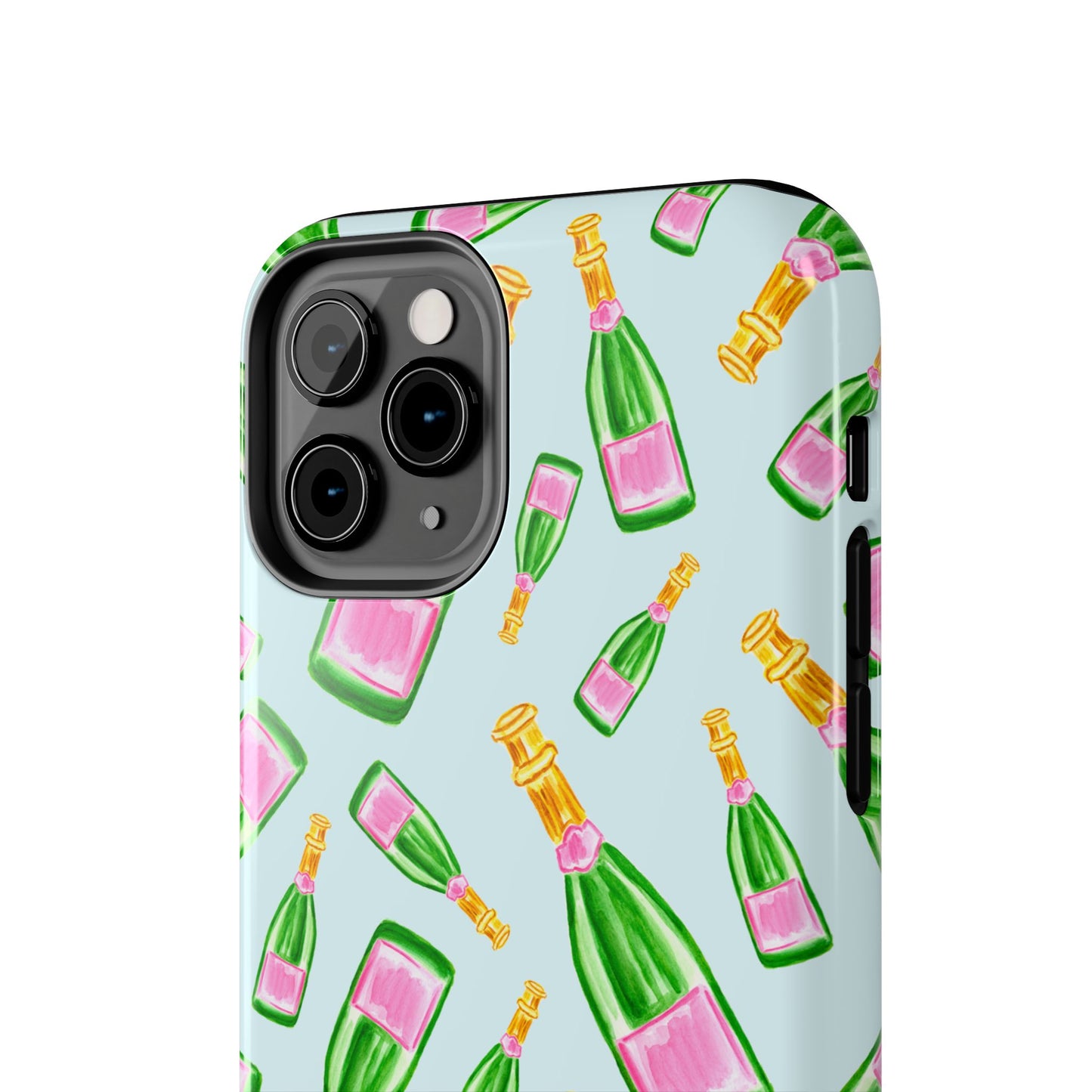 Tossed Pink and Green Watercolor Illustrated Champagne Bottles Pattern Light Blue Tough Phone Case | Various Models
