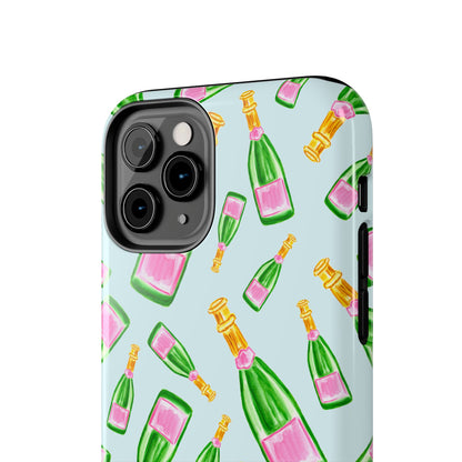 Tossed Pink and Green Watercolor Illustrated Champagne Bottles Pattern Light Blue Tough Phone Case | Various Models