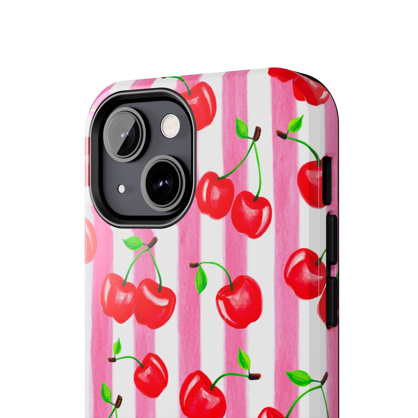 Tossed Red Watercolor Cherries Illustrated Pattern Light Pink Stripes Tough Phone Case | Various Models