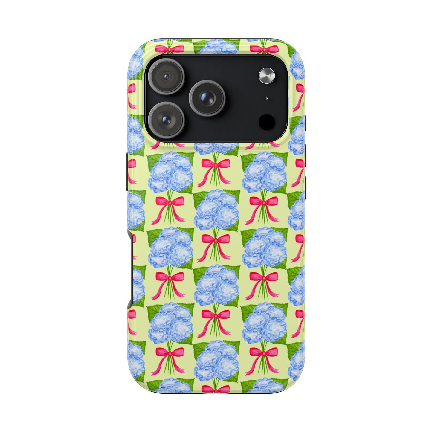 Blue Watercolor Hydrangea Bouquets with Hot Pink Bows Illustrated Patterned Yellow Preppy Grand Millenial Tough Phone Case | Various Models