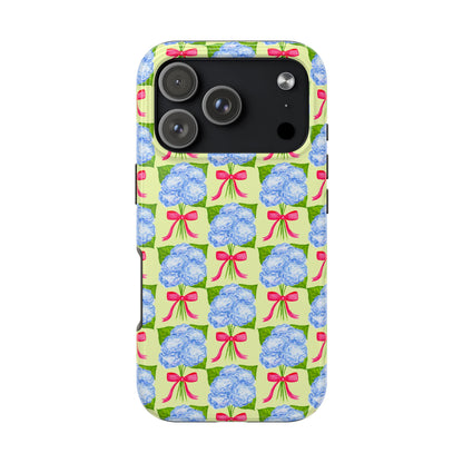 Blue Watercolor Hydrangea Bouquets with Hot Pink Bows Illustrated Patterned Yellow Preppy Grand Millenial Tough Phone Case | Various Models