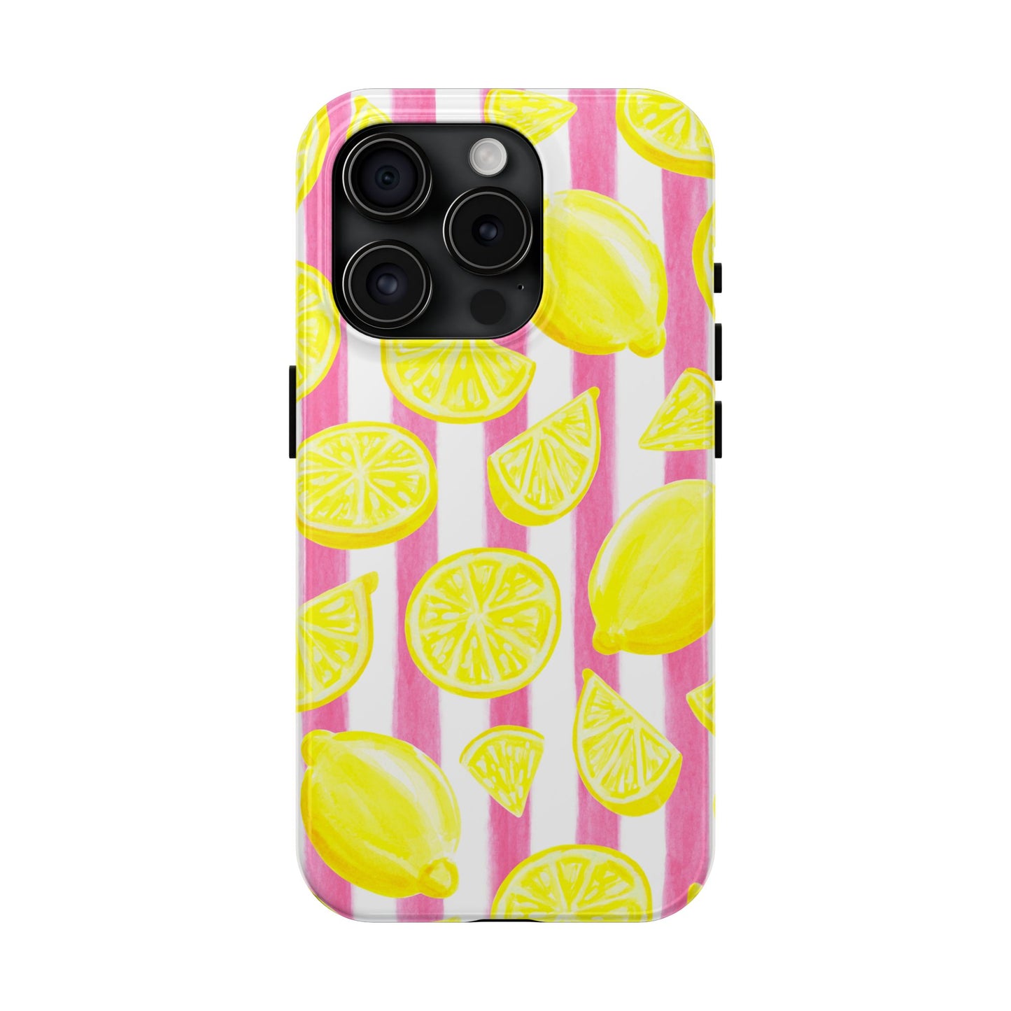 Pink Lemonade Yellow Lemons with Pink & White Watercolor Stripes Tough Phone Case