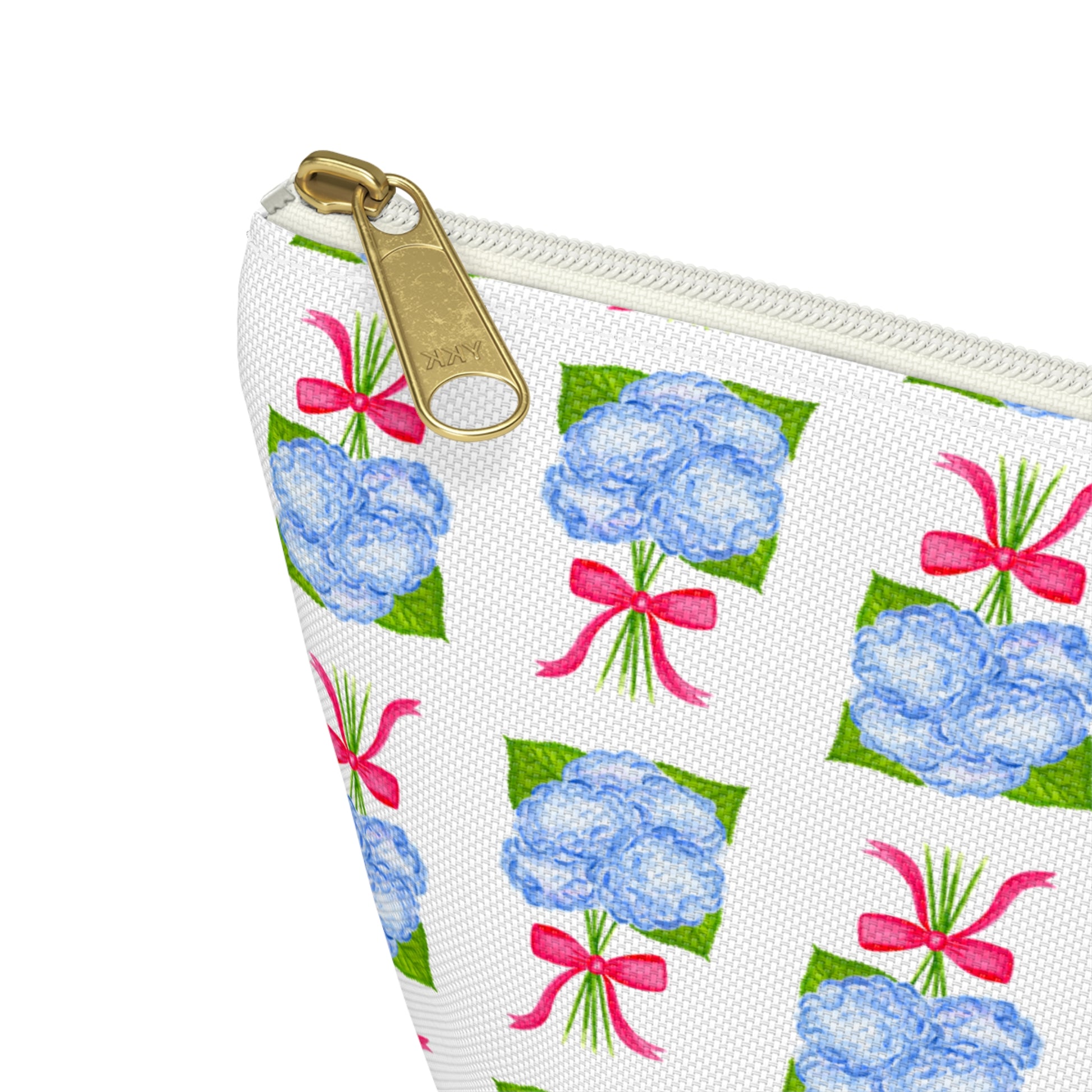 Blue Hydrangea Bouquets with Hot Pink Bows Watercolor Illustrated Printed Accessory Pouch T-Bottom | Large or Small