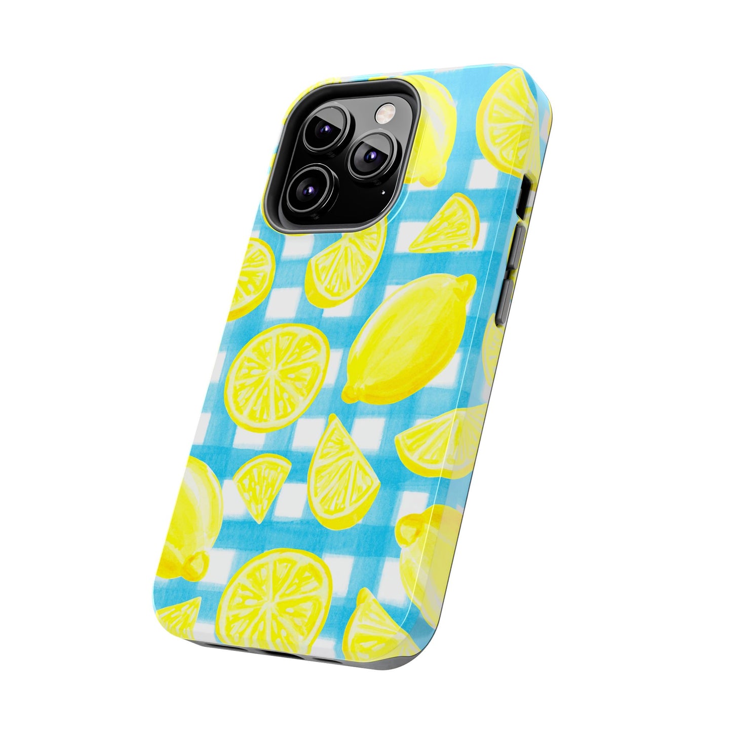Yellow Lemons & Turquoise Gingham Watercolor Illustrated Tough Phone Case | Various Models Available
