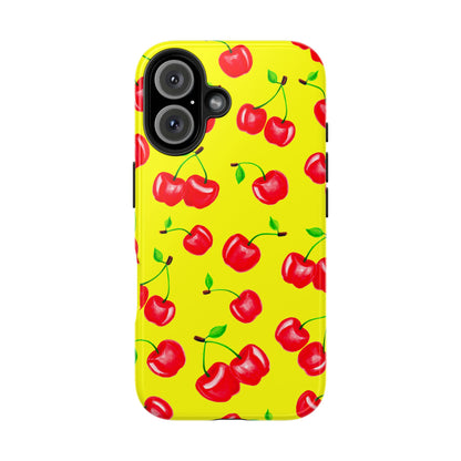 Tossed Red Watercolor Cherries Illustrated Pattern Bright Yellow Tough Phone Case | Various Models