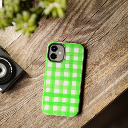 Lime Green Gingham Watercolor Illustrated Tough Phone Case | Various Models Available