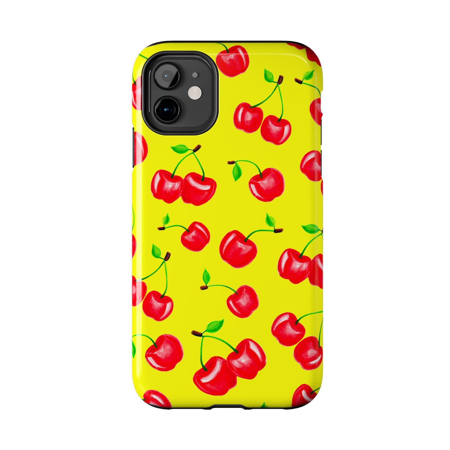 Tossed Red Watercolor Cherries Illustrated Pattern Bright Yellow Tough Phone Case | Various Models