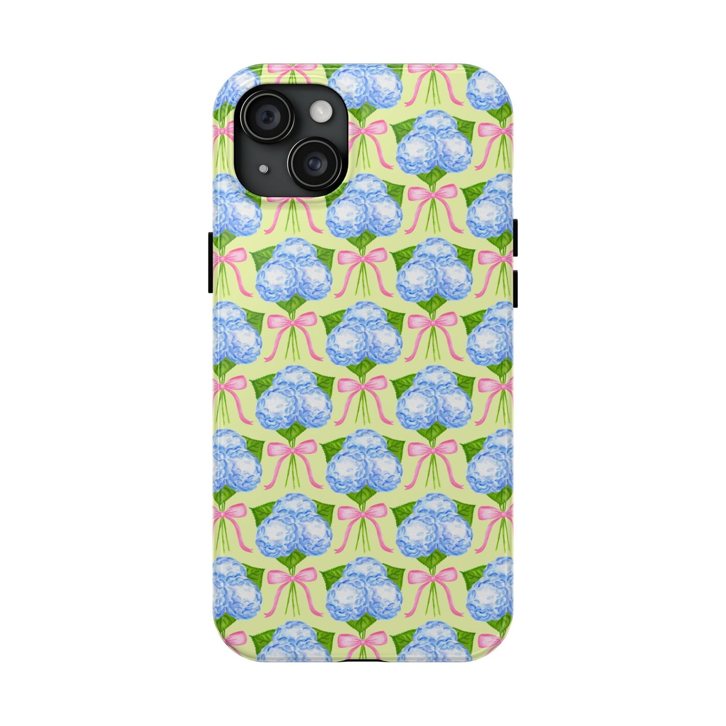 Blue Watercolor Hydrangea Bouquets with Light Pink Bows Watercolor Illustrated Patterned Yellow Tough Phone Case | Various Models