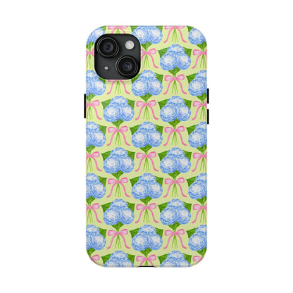 Blue Watercolor Hydrangea Bouquets with Light Pink Bows Watercolor Illustrated Patterned Yellow Tough Phone Case | Various Models