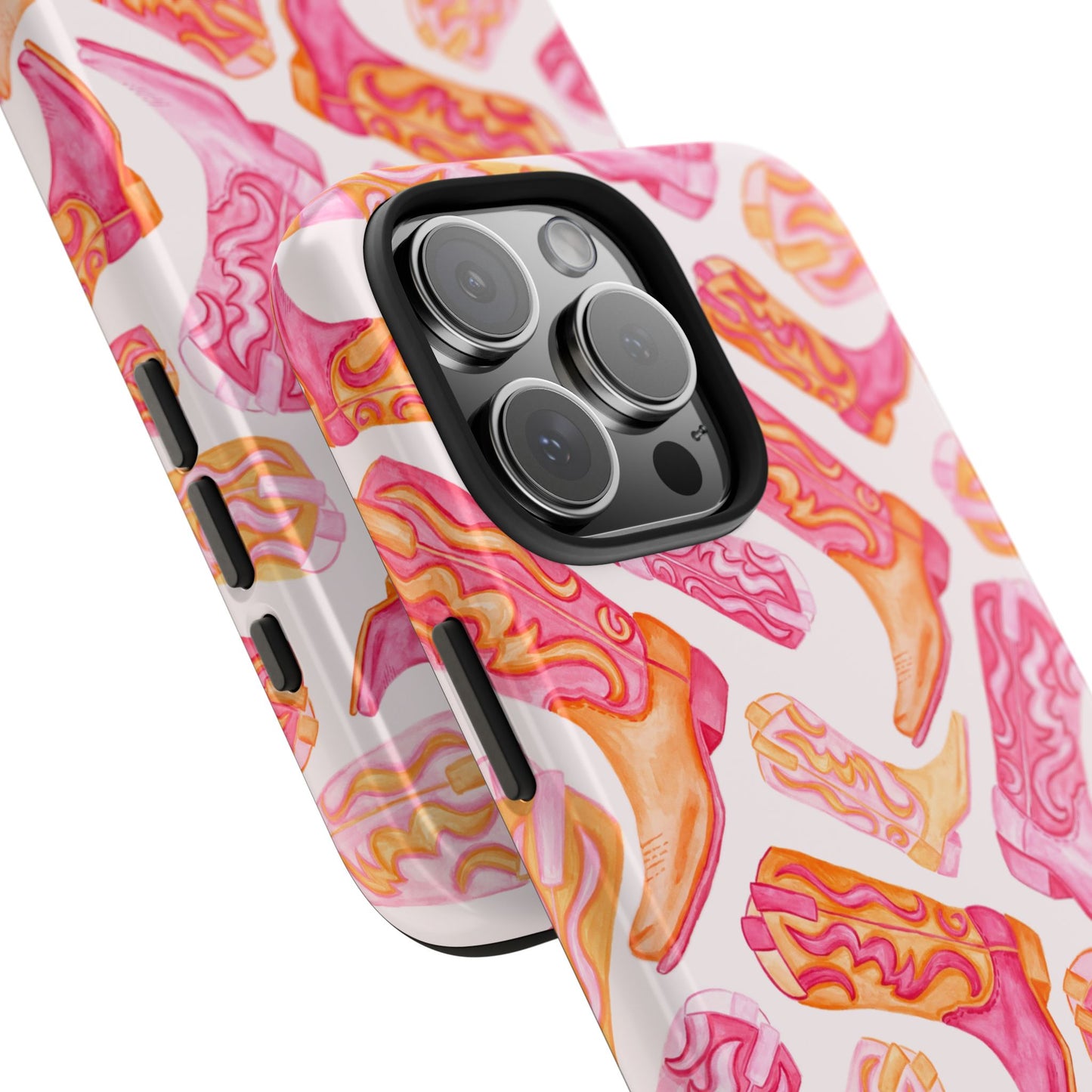 Tossed Hot Pink & Orange Watercolor Cowboy Boots Tough Light Pink Phone Case | Various Models Available