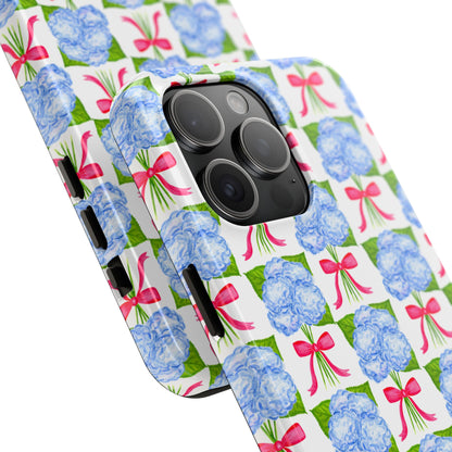 Blue Watercolor Hydrangea Bouquets with Hot Pink Bows Illustrated Patterned Tough Phone Case | Various Models