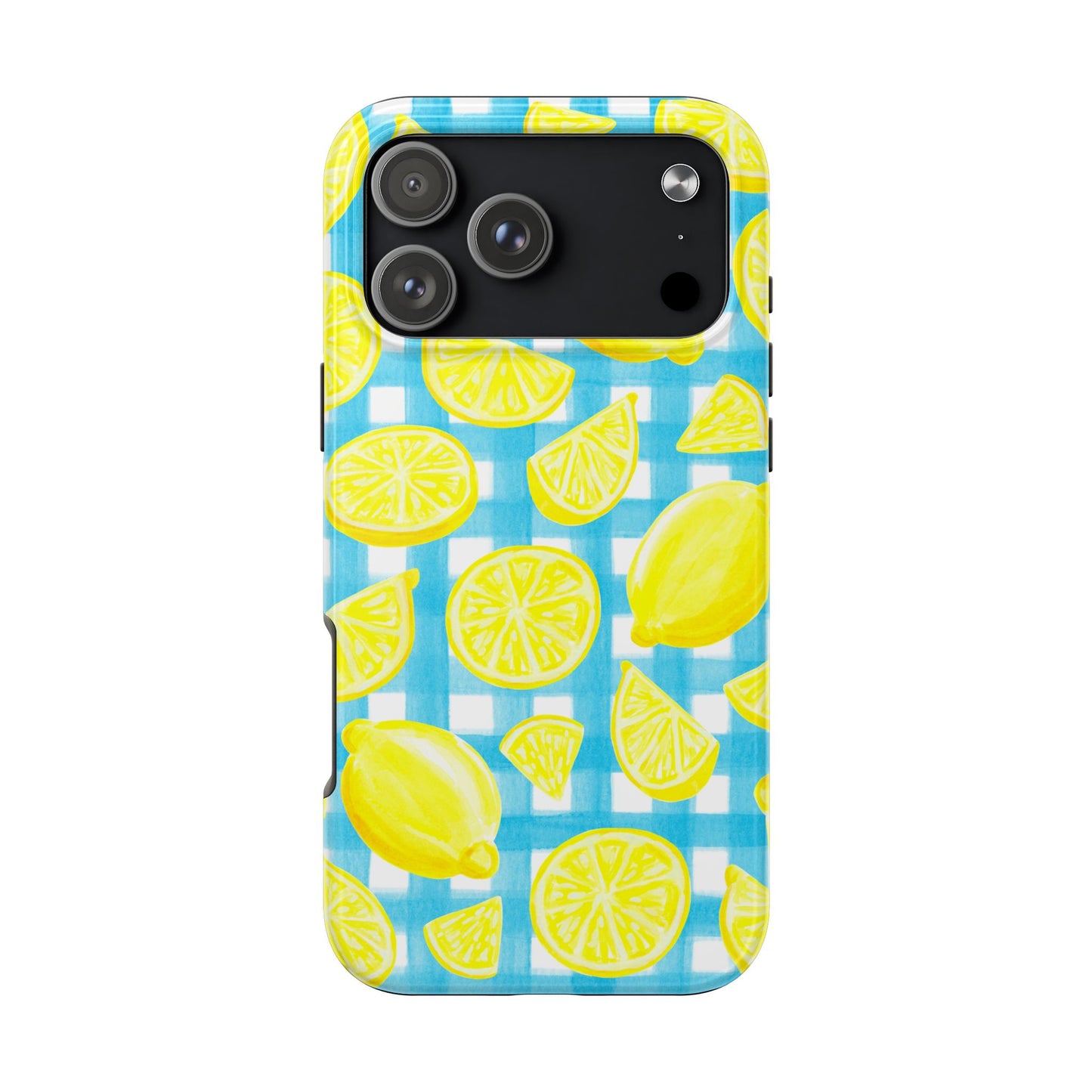 Bright Yellow Lemons Watercolor Illustrated Tossed Pattern Turquoise Gingham Tough Phone Case | Various Models
