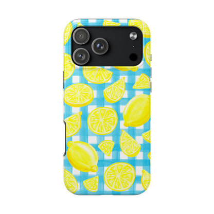 Bright Yellow Lemons Watercolor Illustrated Tossed Pattern Turquoise Gingham Tough Phone Case | Various Models