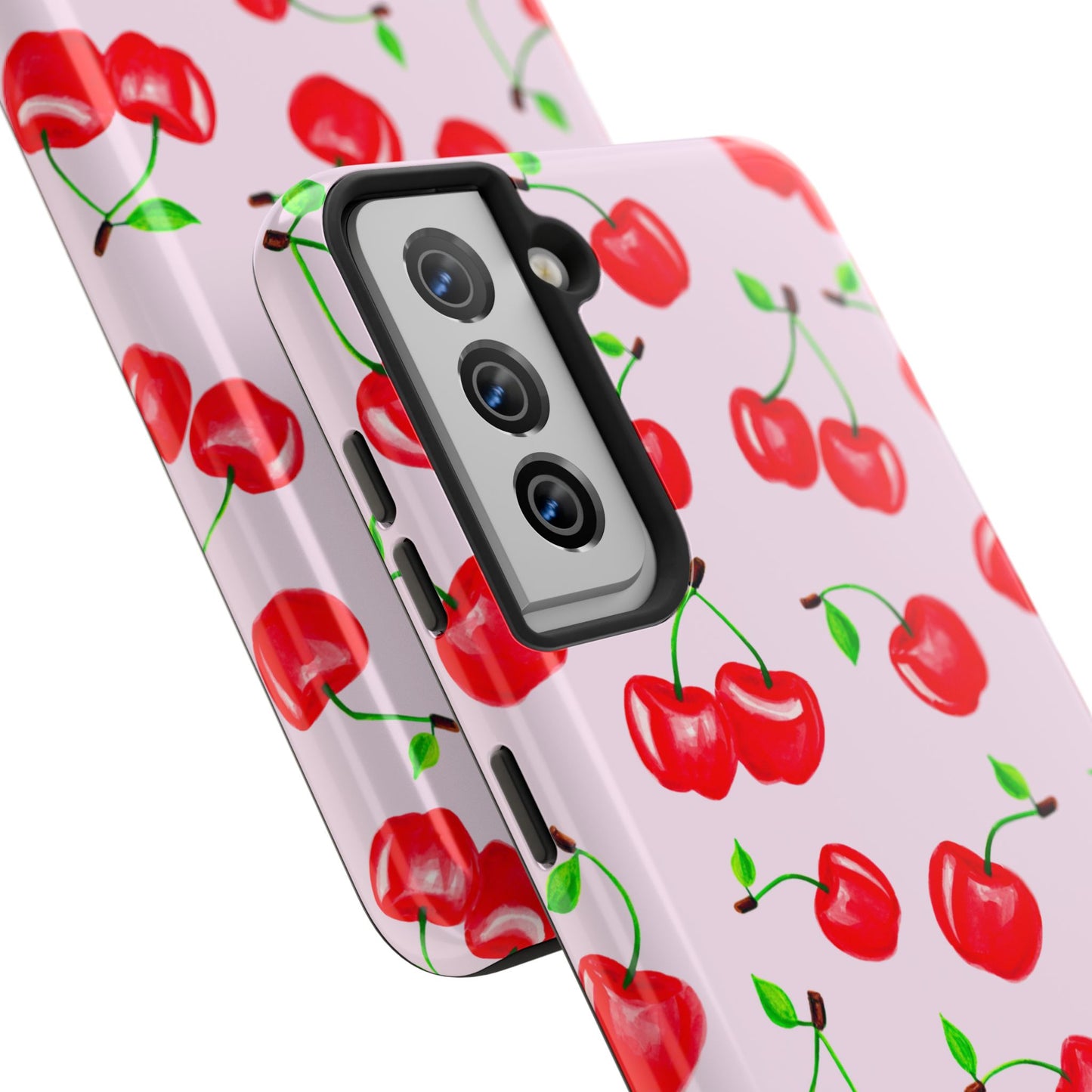 Tossed Red Watercolor Cherries Illustrated Pattern Light Pink Tough Phone Case | Various Models