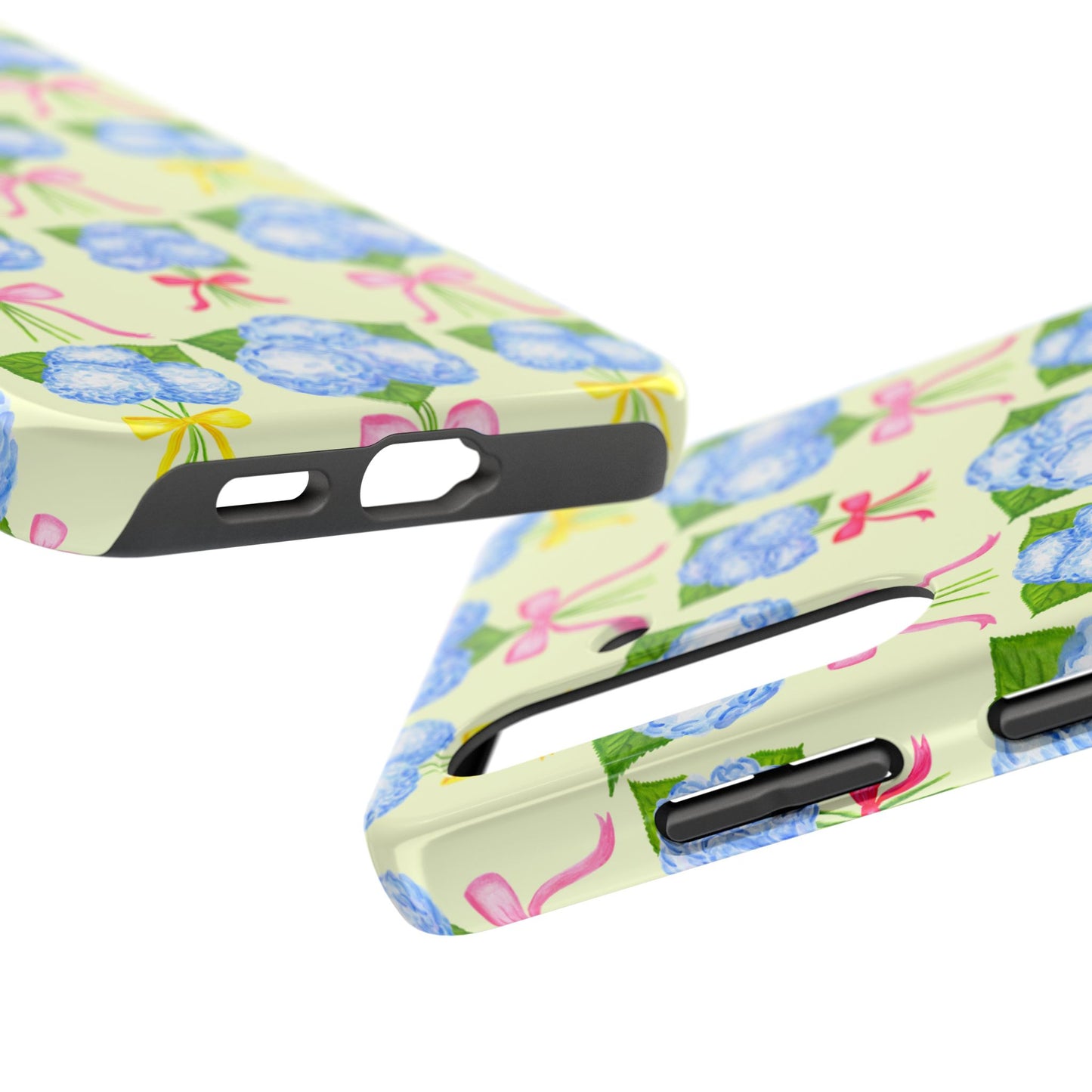 Blue Hydrangeas with Hot Pink, Yellow, Light Pink Bows Watercolor Illustrated Patterned Light Yellow Tough Phone Case | Various Models