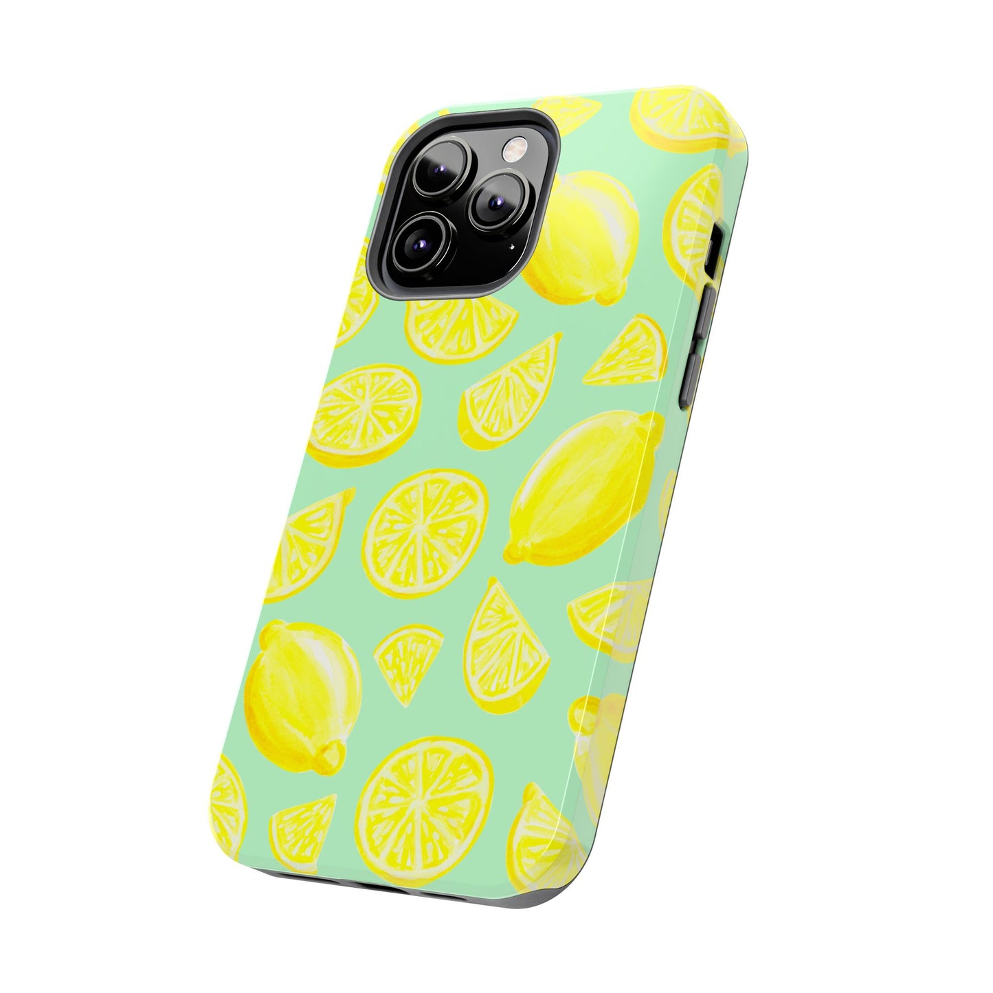 Bright Yellow Lemons Watercolor Illustrated Tossed Pattern Mint Green Tough Phone Case | Various Models