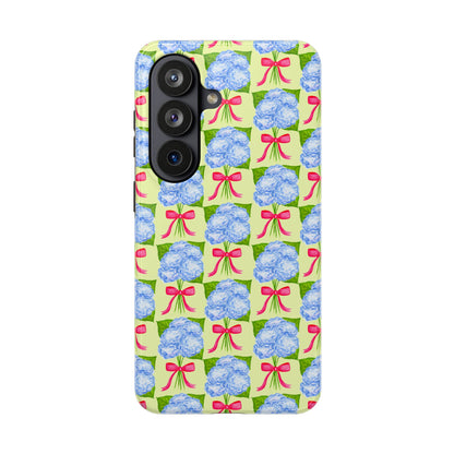 Blue Watercolor Hydrangea Bouquets with Hot Pink Bows Illustrated Patterned Yellow Preppy Grand Millenial Tough Phone Case | Various Models