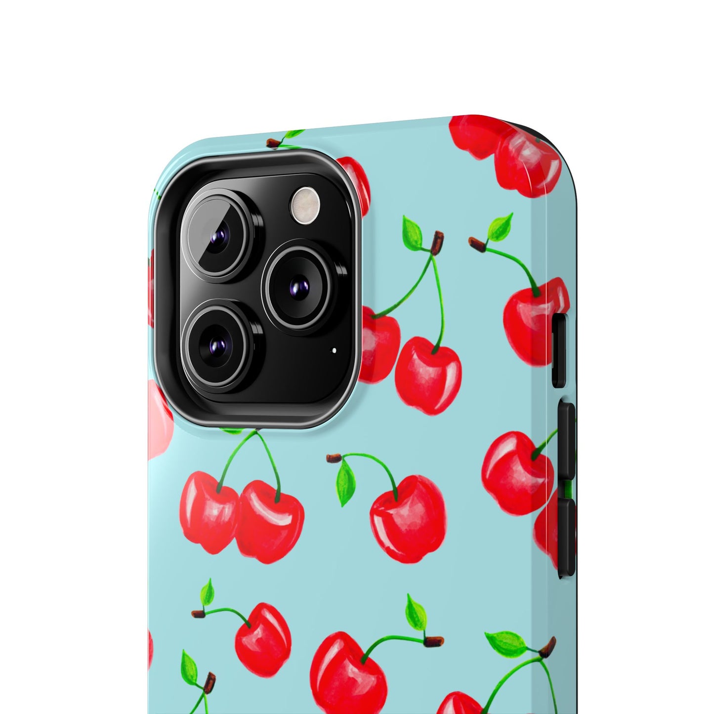 Tossed Red Watercolor Cherries Illustrated Pattern Bright Blue Tough Phone Case | Various Models