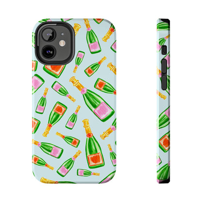 Tossed Pink and Green & Orange and Green Watercolor Illustrated Champagne Bottles Pattern Light Blue Tough Phone Case | Various Models