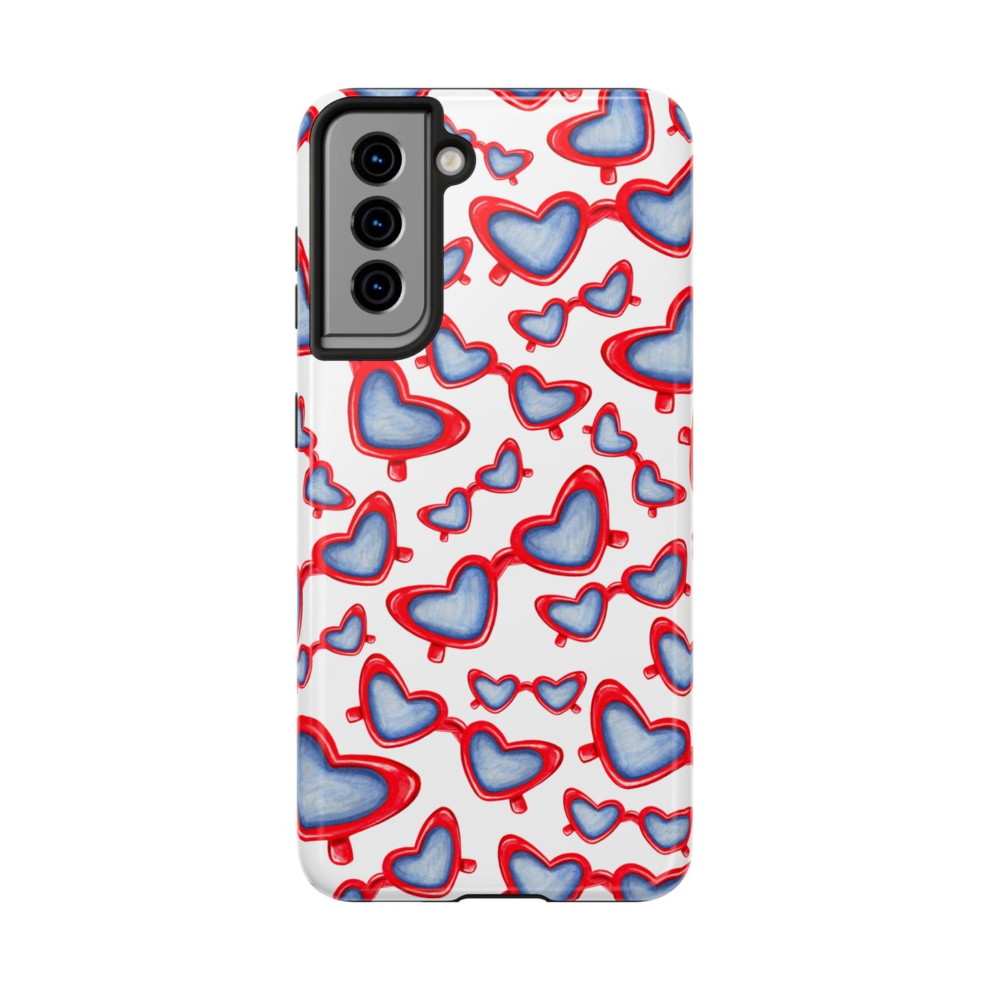 Red, White, & Blue Heart Shaped Watercolor Sunglasses Tossed Pattern Tough Phone Cases Samsung Galaxy S21