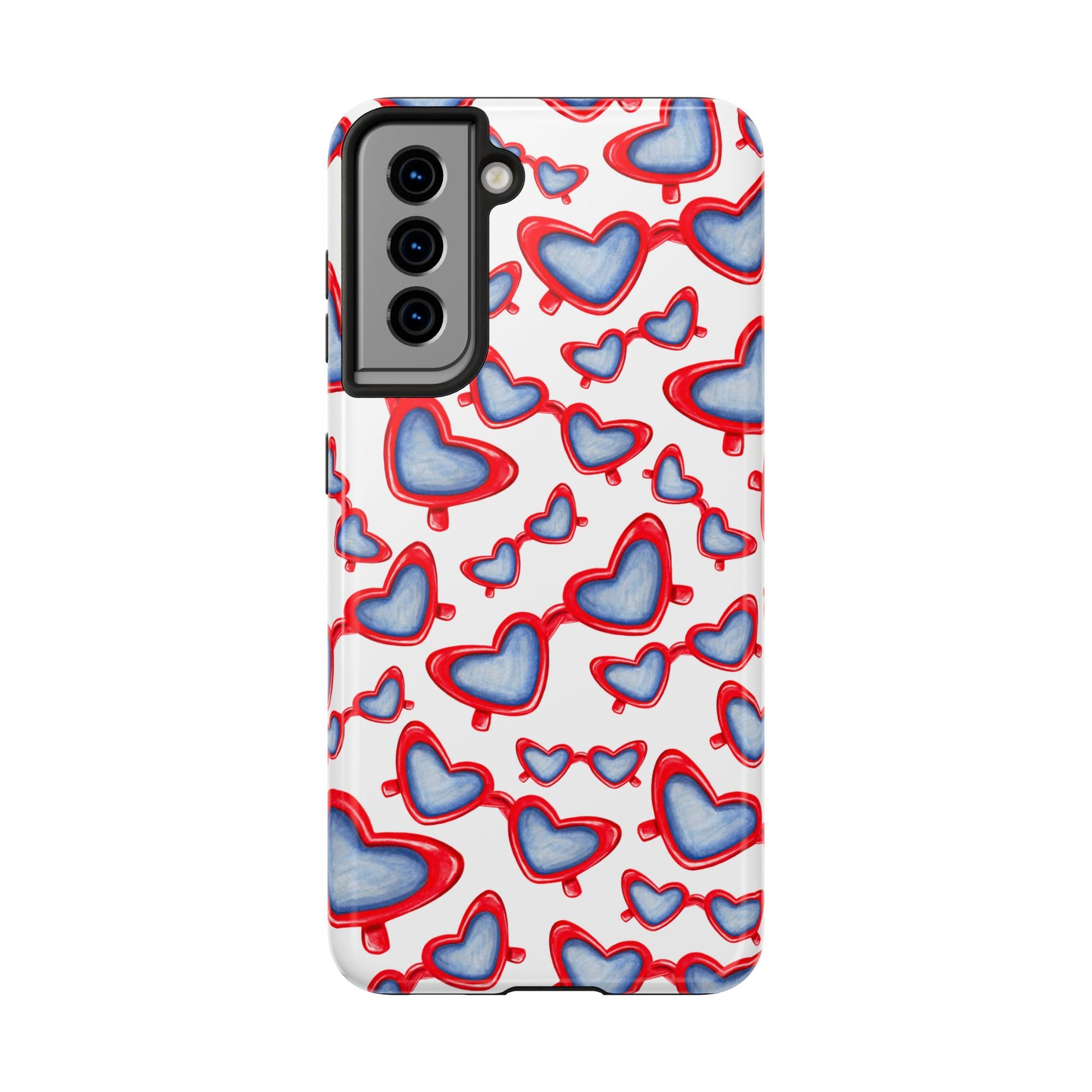 Red, White, & Blue Heart Shaped Watercolor Sunglasses Tossed Pattern Tough Phone Cases Samsung Galaxy S21