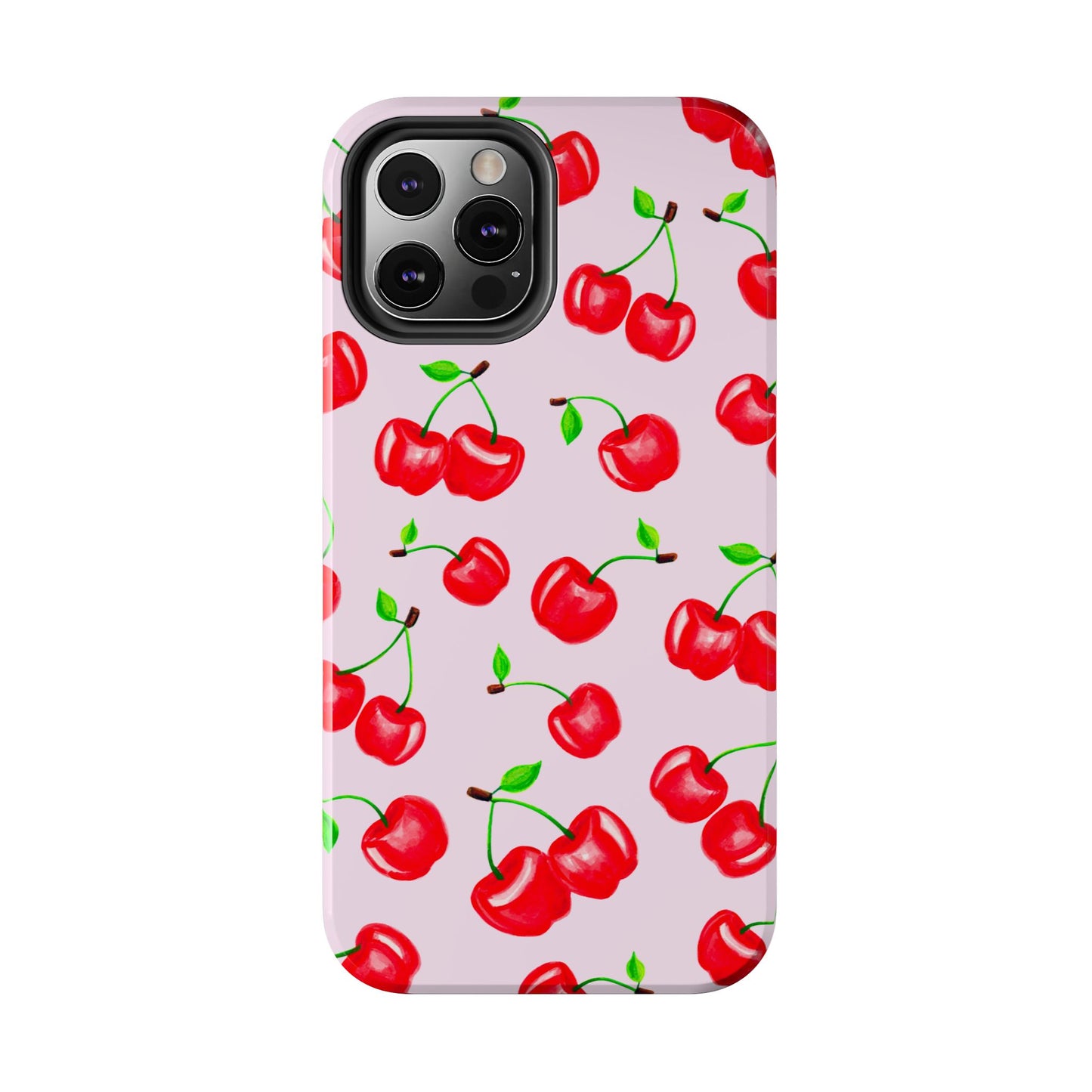 Tossed Red Watercolor Cherries Illustrated Pattern Light Pink Tough Phone Case | Various Models