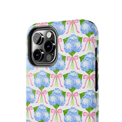 Blue Watercolor Hydrangea Bouqets with Light Pink Bows Watercolor Illustrated Patterned Tough Phone Case | Various Models