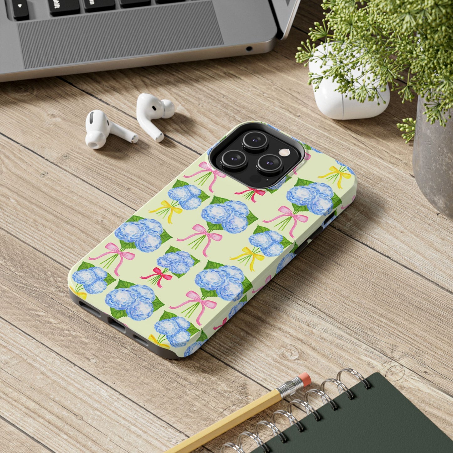 Blue Hydrangeas with Hot Pink, Yellow, Light Pink Bows Watercolor Illustrated Patterned Light Yellow Tough Phone Case | Various Models