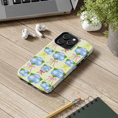 Blue Hydrangeas with Hot Pink, Yellow, Light Pink Bows Watercolor Illustrated Patterned Light Yellow Tough Phone Case | Various Models
